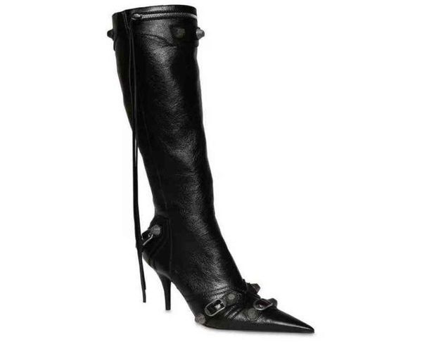 

hbp 2022 summer thigh high boots leather for women pointed head side zipper boots metal rivet motorcycle1727713, Black