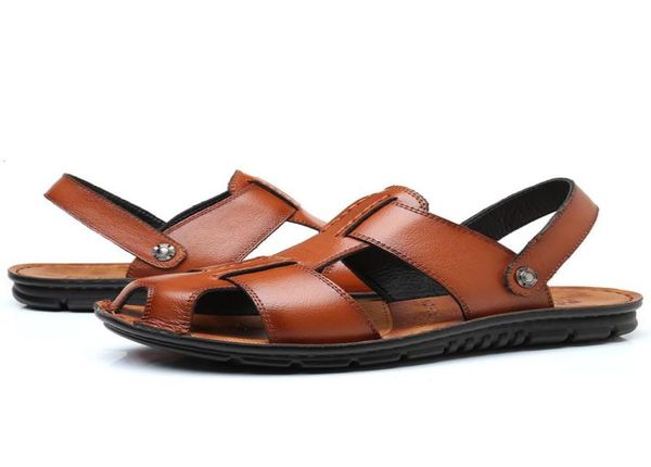 

toes sandals big size mens slippers man cow leather man shoes double use fashion slipper wearproof genuine leather sandal9163242, Black
