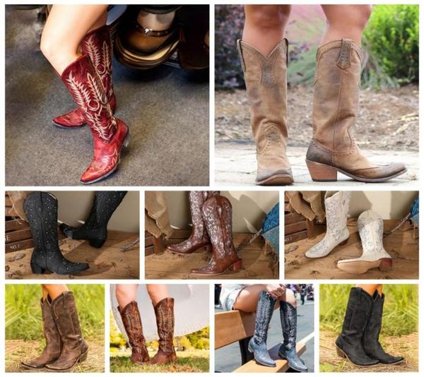 

2022 leather cowboy cowgirl motorcycle western denim boots cowgrils thick heel embroidered square head rivet vintage thick heels k2581943, Black