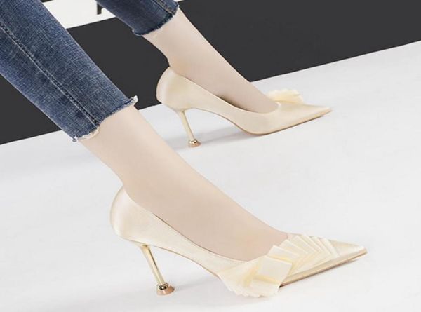 

designer lady party pumps pointed toe solid satain 95cm thin heels women single dress shoes size 35404008031, Black