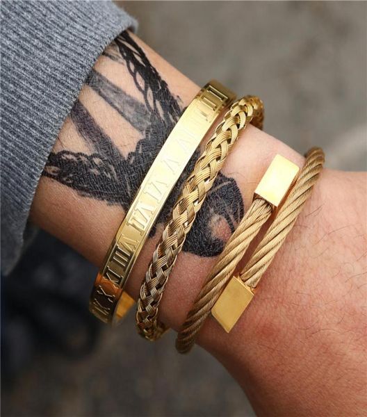 

3pcsset roman numeral mens bracelets stainless steel hemp rope buckle open punk bangles gold pulseira bileklik bracelet jewelry5498078, Golden;silver