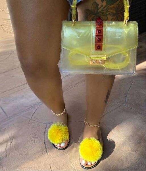 

slippers luxury women faux fur flat heel open toe rubber sole outdoor slides fashion sandals shoes ladies 20225146514, Black