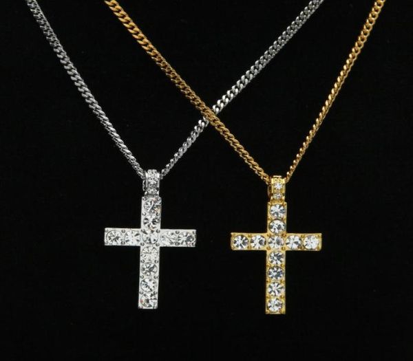 

fashion jewelry necklace chains hip hop men bling rhinestone crystal cross pendant necklace for women charm1426242, Silver