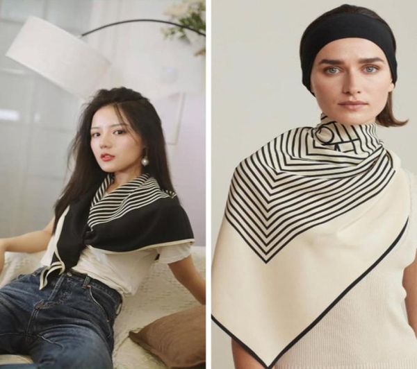 

new multifunctional geometric silk scarf stripe printing imitation scarve female sunscreen shawl large square scarf black white 909452492, Blue;gray