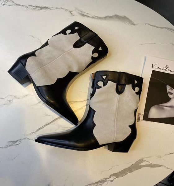 

autumn womens half boots black white light tan mixed color leather pointed toe booties classic chunky low heels cowboy western sli1416751