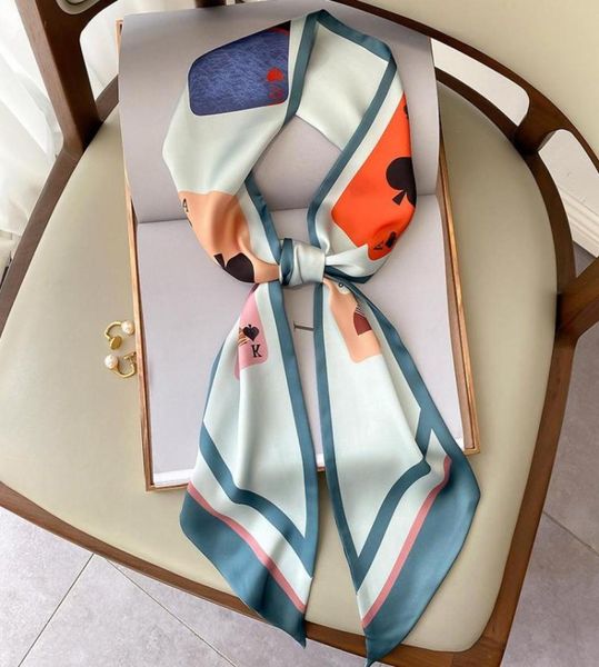 

scarves brand cartoon poker print bag strap scarf narrow womens spring silk female head headwear long ribbon2061089, Blue;gray