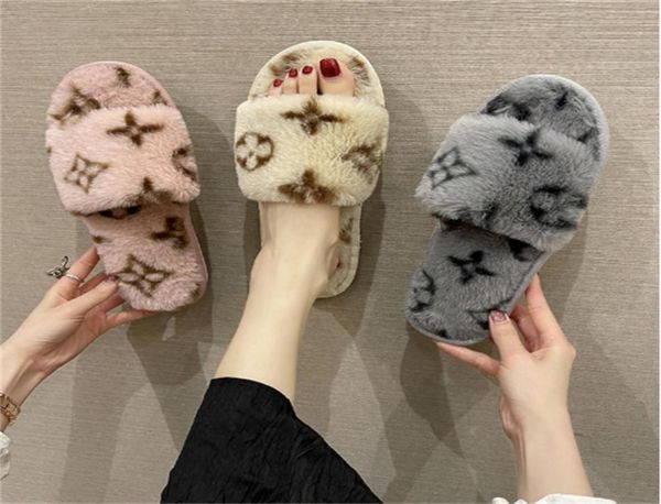 

luxury designers women letter slippers ladies wool slides winter fur fluffy furry letters sandals warm comfortable fuzzy girl flip7570670, Black