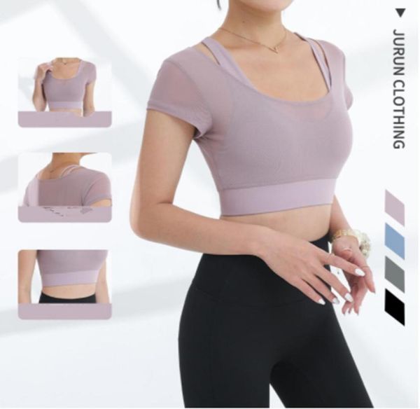 

summer yoga clothes shortsleeved fitness sports running mesh sweatabsorbing fake twopiece gathered underwear bra7405125