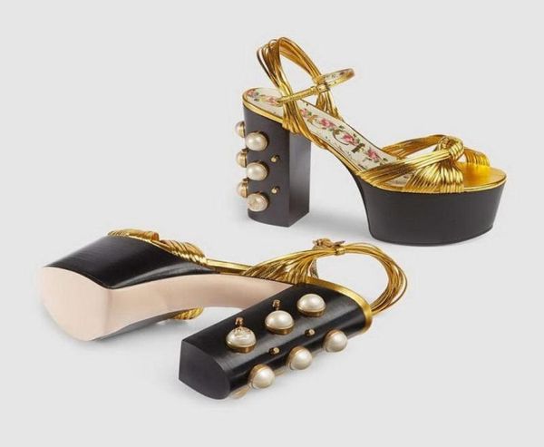 

2019 ladies pearl 125cm chunky high heel pine cake thick bottom printed open peeptoes 5cm platform sandals shoes 37920919, Black