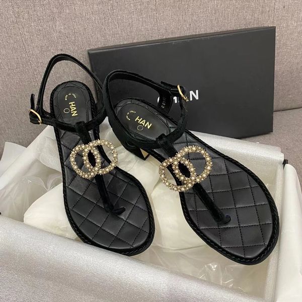 

luxury sandal designer women man career dress slides thong slipper lambskin leather strass metal imitation pearls summer shoes, Black