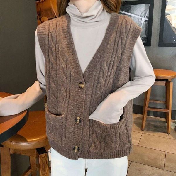 

refined knitted vest for women autumn comfortable loose double pocket sleeveless sweater short, Black;white