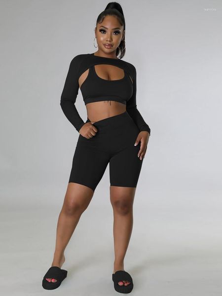 

women's tracksuits haoyuan 3 piece set for women baddie fall outfits 2023 fashion long sleeve crop tank shorts short matching sets52, Gray