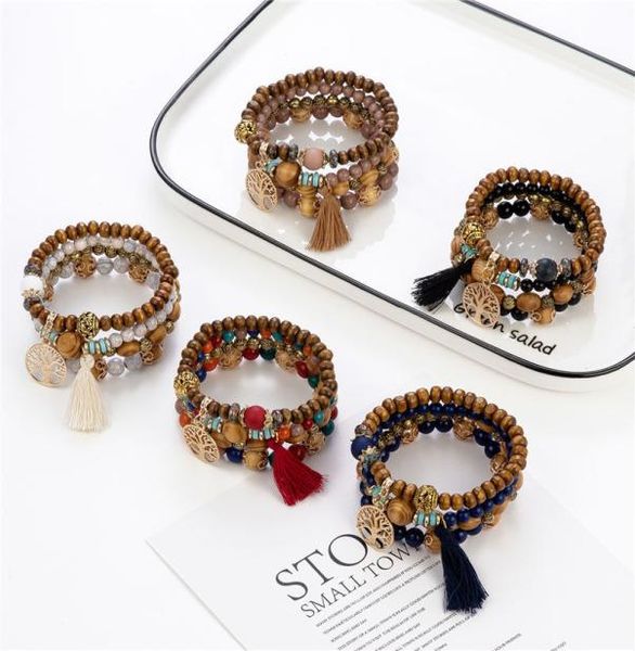 

bohemian charm wood beads wrap bracelets bangles for women boho flower leaf tassel bracelet multilayer bracelet4955724, Golden;silver