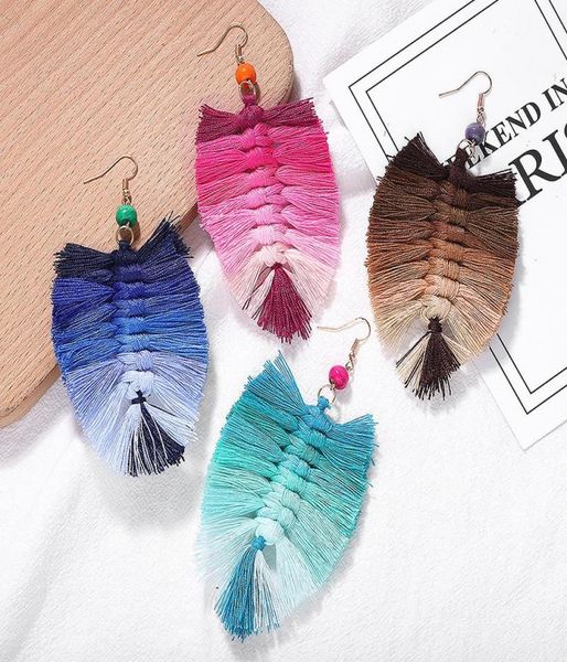 

gradient color cotton thread weave macrame earrings women beaded handwoven tassel dangle earrings bohemia jewelry drop 9410282, Silver