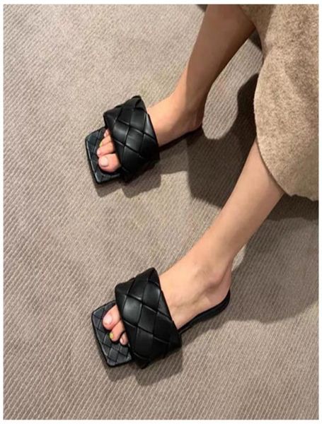 

2020 women slides square toe weave flat slippers street trend designer summer outdoor slipper women beach sandals3768850, Black