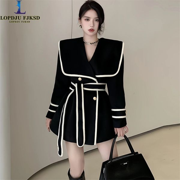 

womens wool blends woolen coats autumn winter korean jacket classic turndown collar doublebreasted long cashmere female overcoat 230905, Black