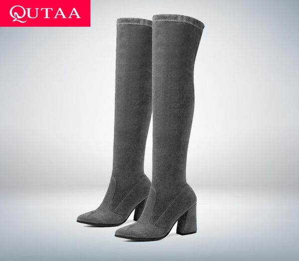 

qutaa 2020 women over the knee high boots fashion all match pointed toe winter shoes elegant all match women boots size 3443 t2003314825, Black