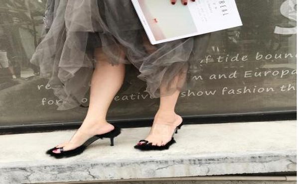 

popular front shoes highend hair fine high heel sandals transparent hollowedout rabbit hair word sandals 7343080, Black