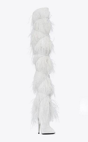 

boots custom made fether winter over the knee high heel runway women shoes warm rivet bird feather fashon party 10 cm1951962, Black