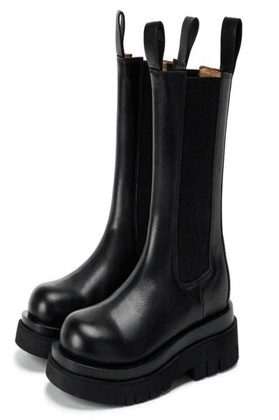 

increased platform women mid calf boots genuine leather brand ladies shoes woman chelsea boots female women shoes botas de mujer y1468511, Black