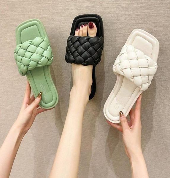 

fashion weave slippers women square toe flat casual shoes slide 2022 summer flip flops beach sandal slipper6368821, Black