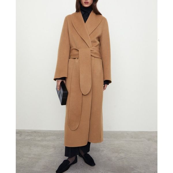 

women's wool blends vii brand tote winter female clothing reversible wool casual belted long tweed coat jackets for women offers 230905, Black