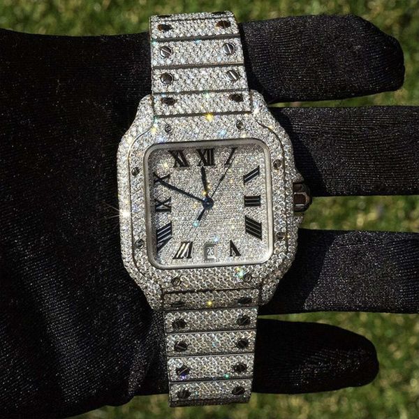 

luxury mechanical stainls steel watch diamond iced out 3atm waterproof men hip hop digner wrist watch for original, Silver