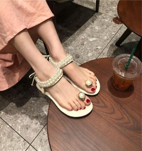 

summer women039s sandals fashion diamond pearl word buckle strap korean flat bottom wild casual beach shoes specials7575829, Black