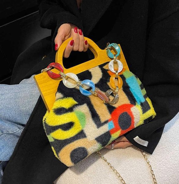 

brand designer faux fur plush tote handbags for women 2022 winter ladies chain shoulder bags with wooden handle92458557181197