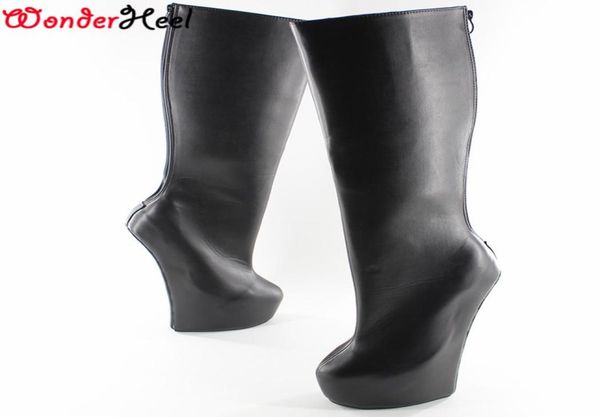 

wonderheel knee high boot 8quot heel matt leather fetish heelless strange style ponying heel back zipper platform fashion boots6039391, Black