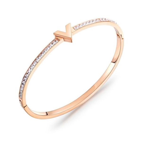 

fashion luxury designer letter v diamond zirconia titanium stainless steel bangle bracelet for woman girls 18cm rose gold9562907, Black