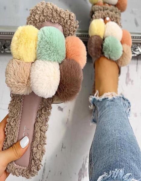 

rome style women retro slippers summer soft hairball casual shoes outdoor plus size slipper soft plush winter spring chaussures16129586, Black