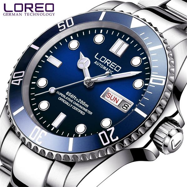 

wristwatches loreo luxury men mechanical wristwatch 200m waterproof stainless steel watch brand sapphire glass watches reloj hombre 230905, Slivery;brown
