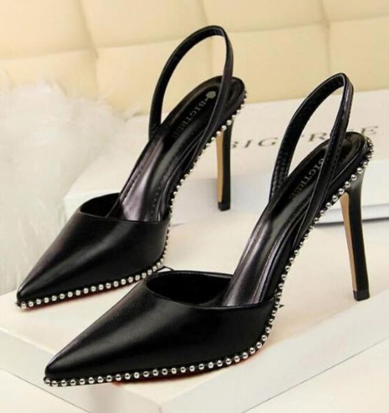 

fashion heel sandals women039s rivet 9cm dress shoes synthetic leather heels 2021 stiletto with box3368130, Black