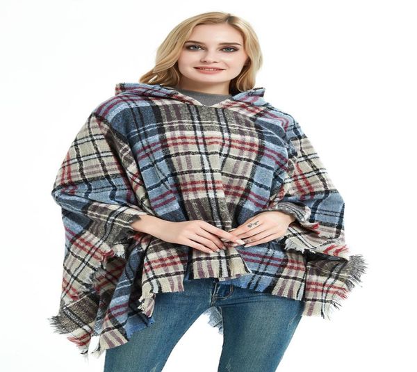 

winter knit large shawls plaid charm tassel blankets cape casual lady sweater with operator hat coat outdoor warm blankets8457634, Blue;gray