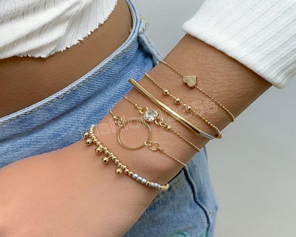 

6pcsset bohemian gold color heart charm bracelets for women luxury jewelry geometric bangle beaded hand chain bracelet sets8557812, Golden;silver