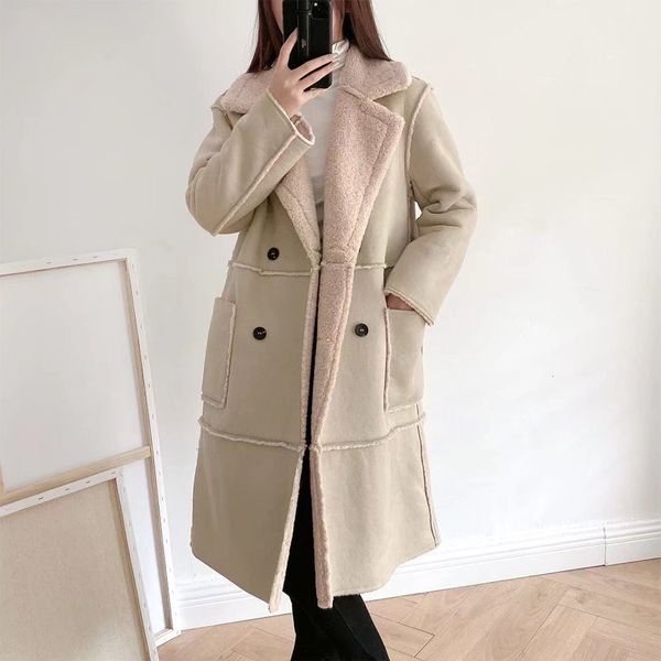 

womens wool blends womens winter fashion retro temperament lapel fur allinone doublebreasted long thermal coat 230905, Black