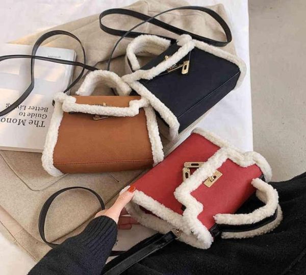 

fashion winter and fall ladies faux fur shoulder crossbody bags retro luxury lamb wool leather mini purse and bags for women6850901911121