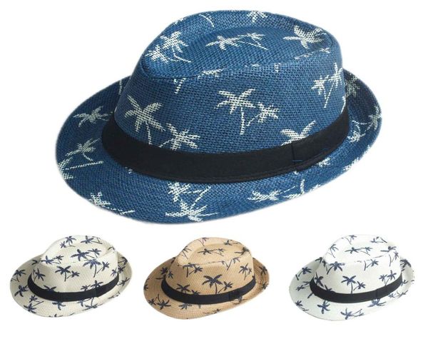 

kids boys girls fedora trilby hat straw coconut tree print children summer street beach gangster cap upturn rollup brim ch2462358, Blue;gray