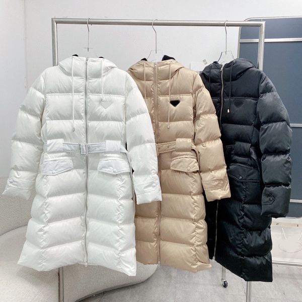 

2023 women's down runway designer winter 3 colour keep warm hooded with belt new fashion women lady long sleeve zip up parka down jacke, Black