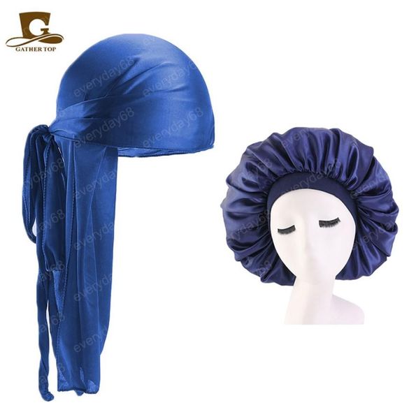 

s durag and bonnet 2pcs set men long long tail silky durag headwrap and women 42cm extra big bonnet comfortable sleeping8411860, Blue;gray