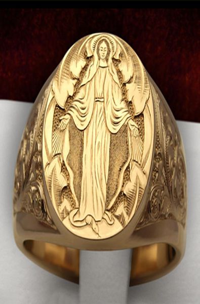 

vintege punk fashion rings for men rock virgin mary hand pattern memento character design gold color retro ring 03t7546964755, Slivery;golden