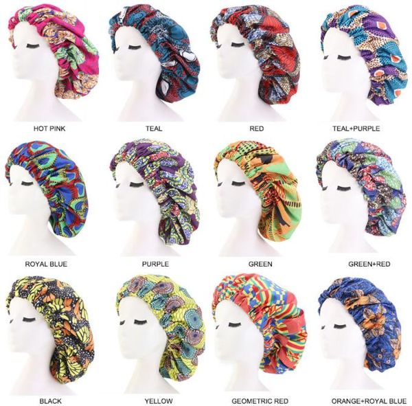 

36cm extra large satin hair caps bonnets women african pattern print fabric ankara bonnets night sleep hat ladies turban7406136, Blue;gray