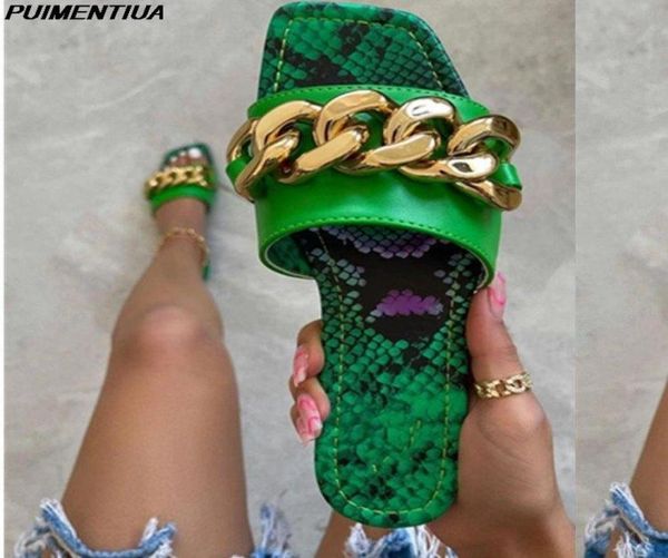 

womens slippers 2021 summer chain style square head slides flat heel mule shoes woman female plus size outdoor beach sandals9994964, Black