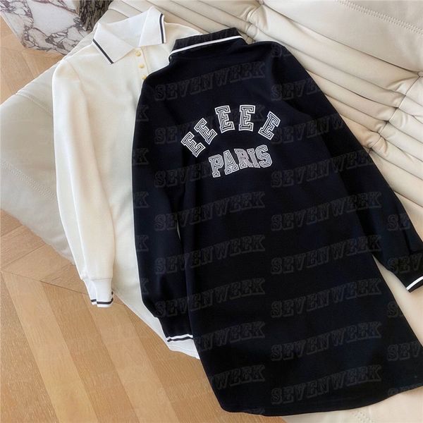 

letter embroidered polo shirt dresses for women loose casual long style hoodie t shirts autumn winter fashion dress cothes, Black