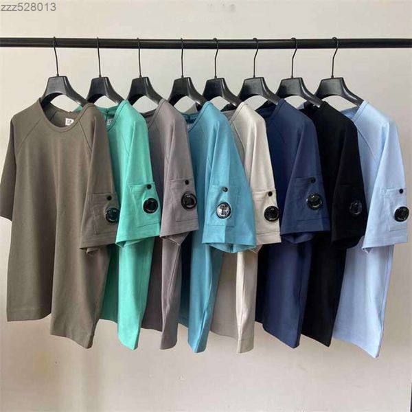 

2023 new europe men t-shirt solid relaxed loose round neck cp cotton short sleeve one lens t shirts youth student fashion couple tee, White;black
