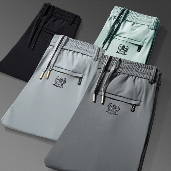 

men s pants summer ice silk men breathable sweatpants streetwear fashion koreon elastic waist thin quick dry sports joggers casual trousers, Black