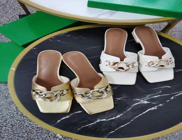 

stylishbox t21051801 40 goldwhite calf skin sandals gold chain slippers genuine leather 4cm chunky kitten heels sl3517597, Black