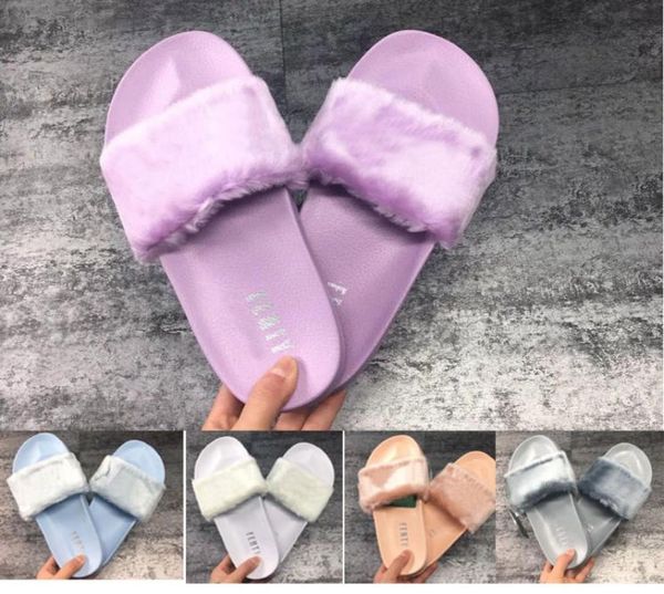 

rihanna leadcat fenty slipper faux fur burgundy slide slippers ladies indoor purple pink grey sandals7902791, Black