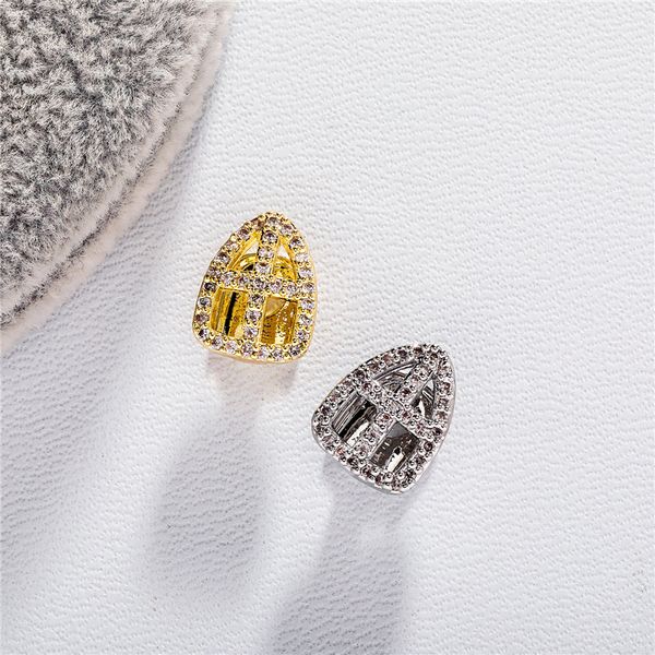 

iced out zircon cross single teeth cover with tian zi full zirconium hip hop gold plated false diamond teeth, Black